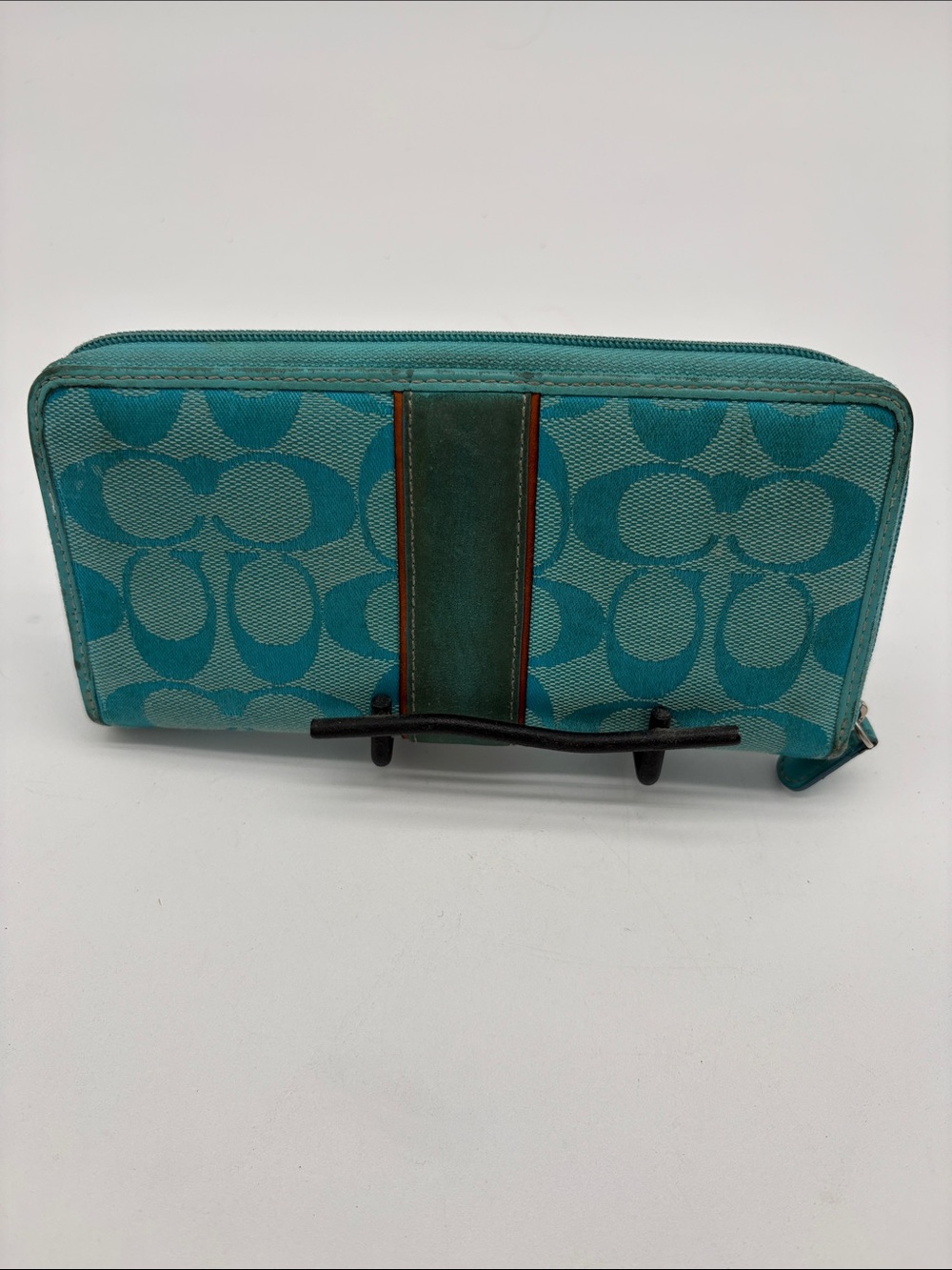 Coach Signature Blue Canvas Suede Zip Around Wallet BLEMISH - Picture 2 of 6